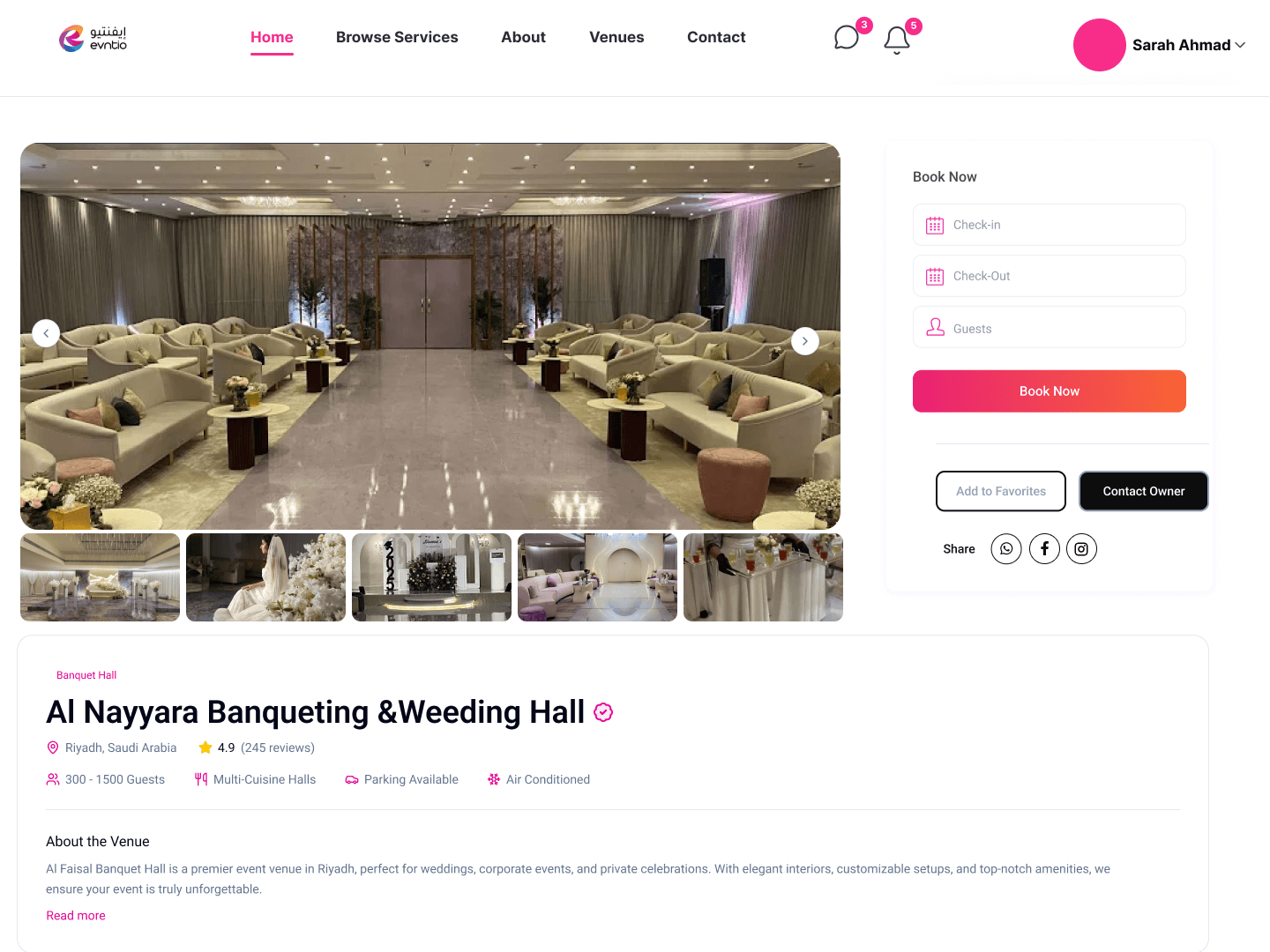 A venue page on Evntio with photos, details and a booking panel